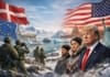 Żołnierze w arktycznym krajobrazie Grenlandii; obok symbole UE i Danii oraz flaga USA – ilustracja napięć geopolitycznych.