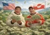 Satyryczna ilustracja: Grenlandczycy z plikami dolarów, w tle fiordy i surowy arktyczny krajobraz oraz flagi USA i Grenlandii.